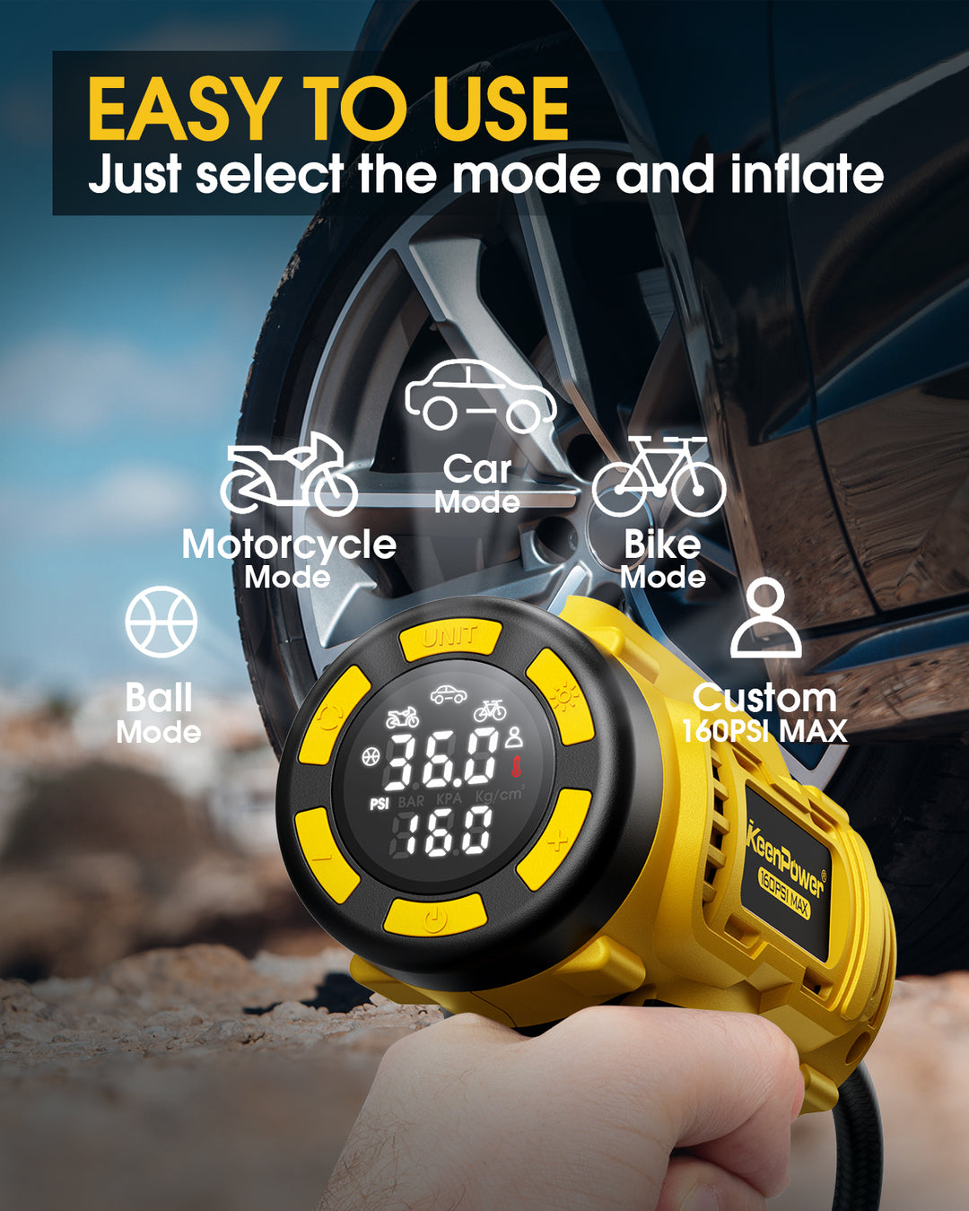 KeenPower Cordless Tire Inflator Portable Air Compressor w/ Large Screen & Smart Modes