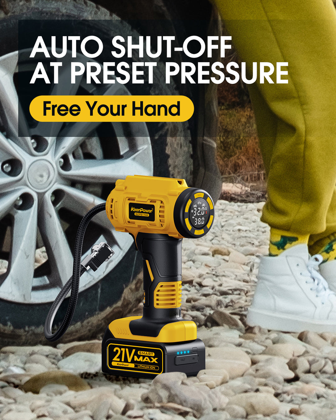KeenPower Cordless Tire Inflator Portable Air Compressor w/ Large Screen & Smart Modes