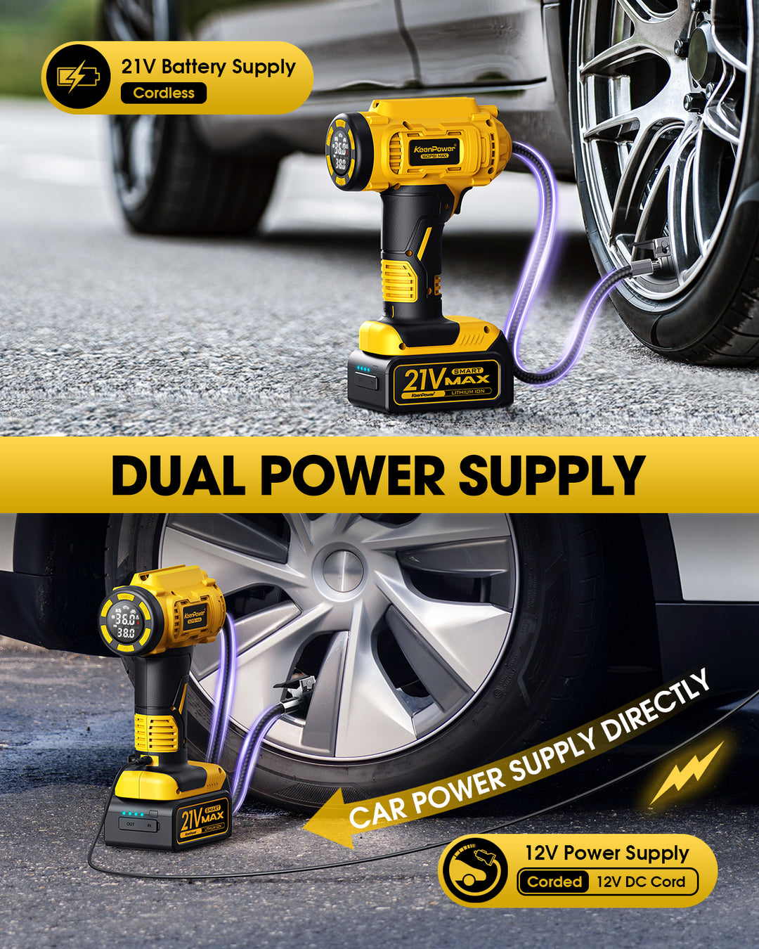 KeenPower Cordless Tire Inflator Portable Air Compressor w/ Large Screen & Smart Modes
