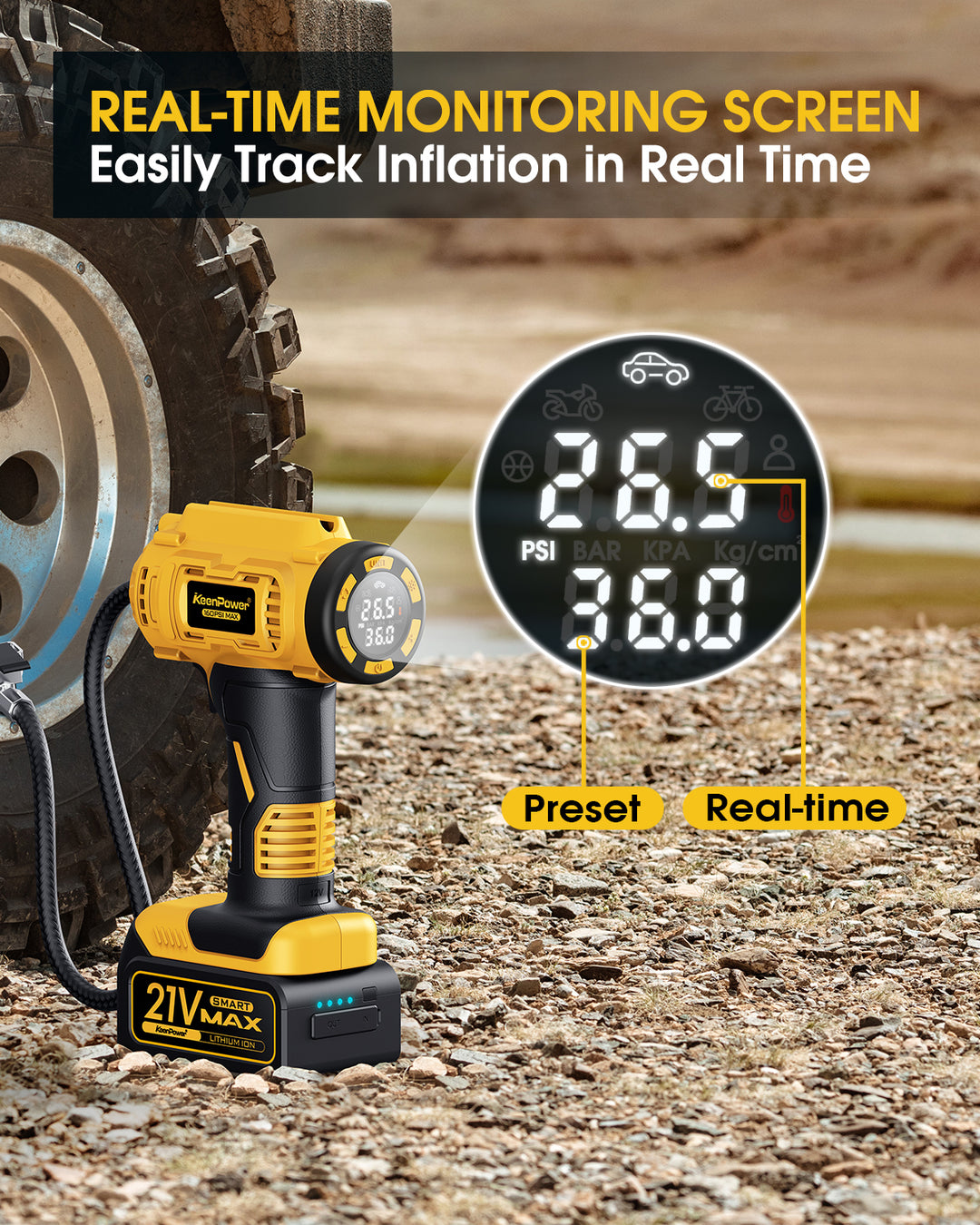 KeenPower Cordless Tire Inflator Portable Air Compressor w/ Large Screen & Smart Modes