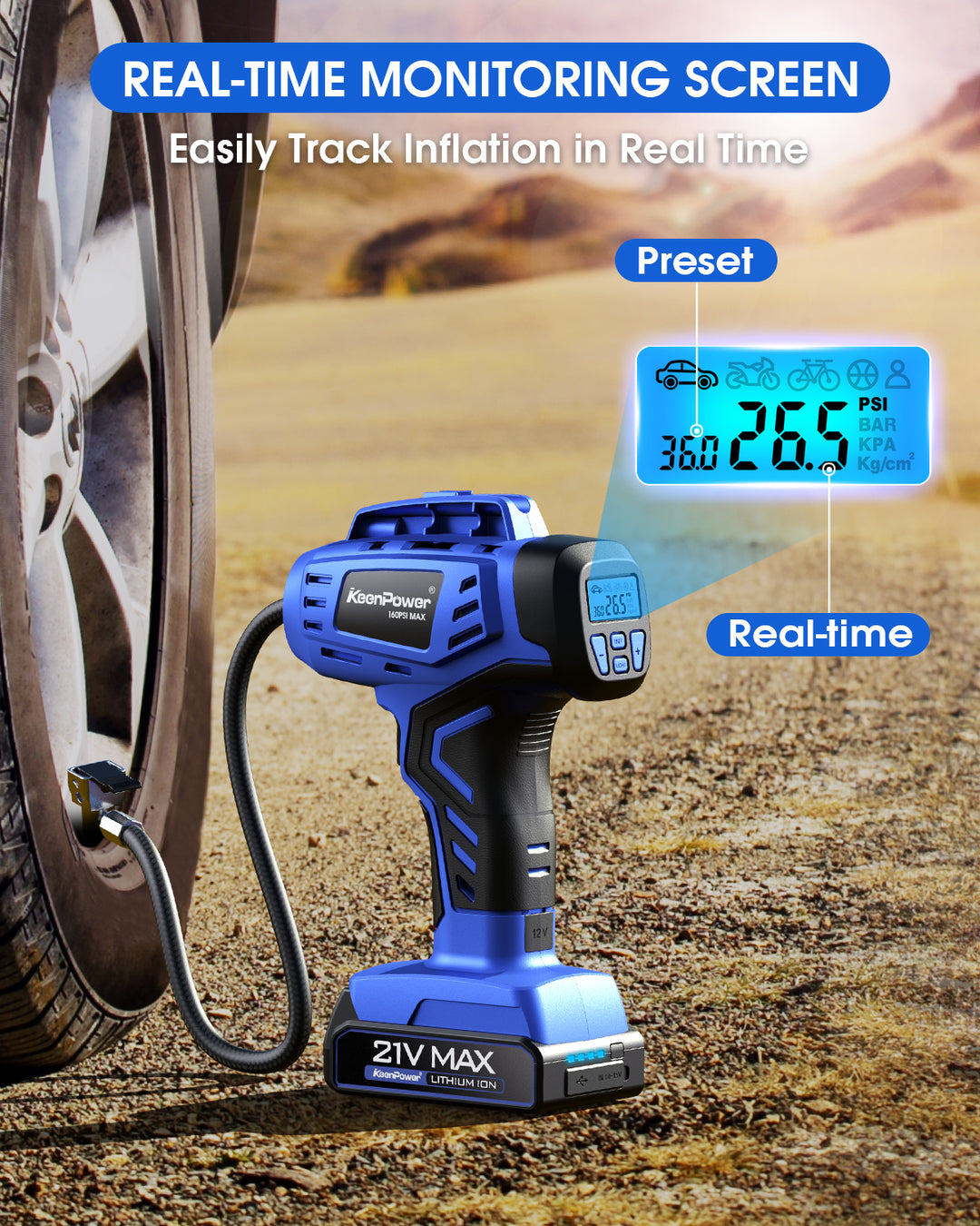 KeenPower Smart Tire Inflator Portable Air Compressor w/4+N Smart Modes