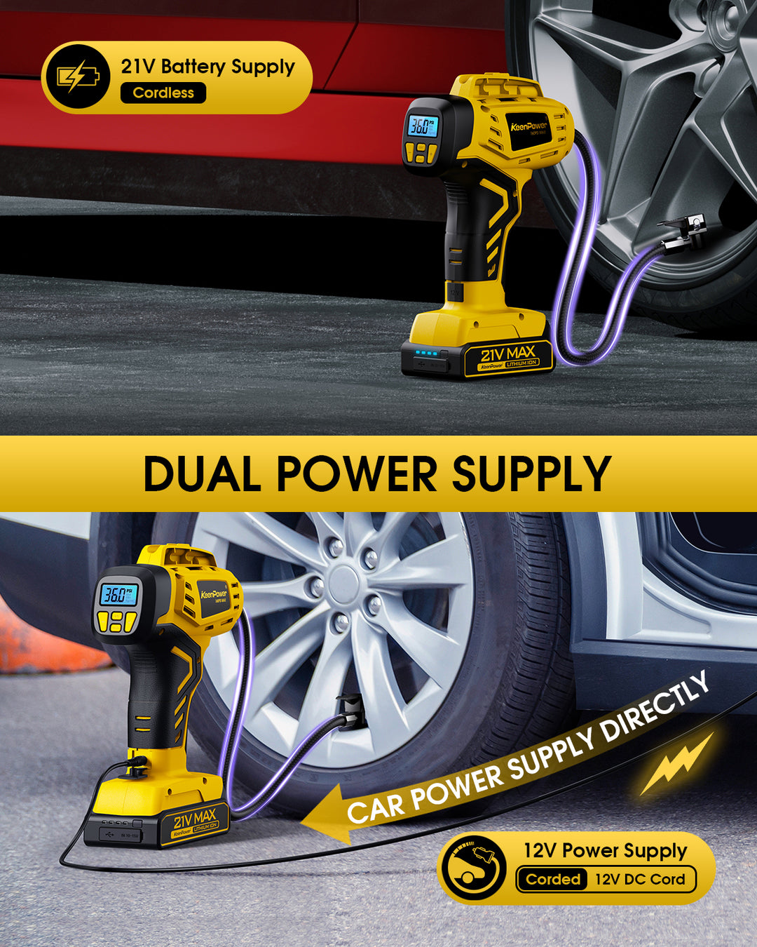 KeenPower 2X Faster Tire Inflator Portable Air Compressor w/Dual Power Supply Modes